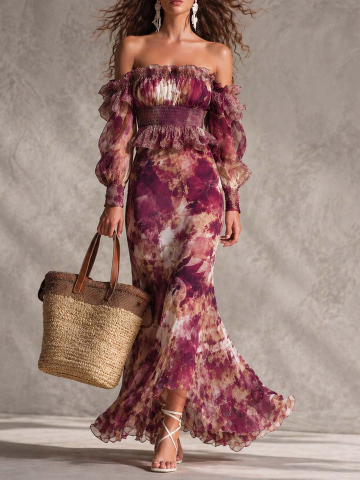 Abito Maxi in Chiffon Rosa Pink con Fiori Off-Shoulder