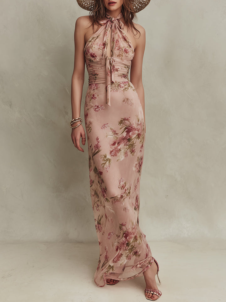 Lia - Elegante Abito Maxi in Chiffon con Stampa Floreale e Scollatura a Chiave
