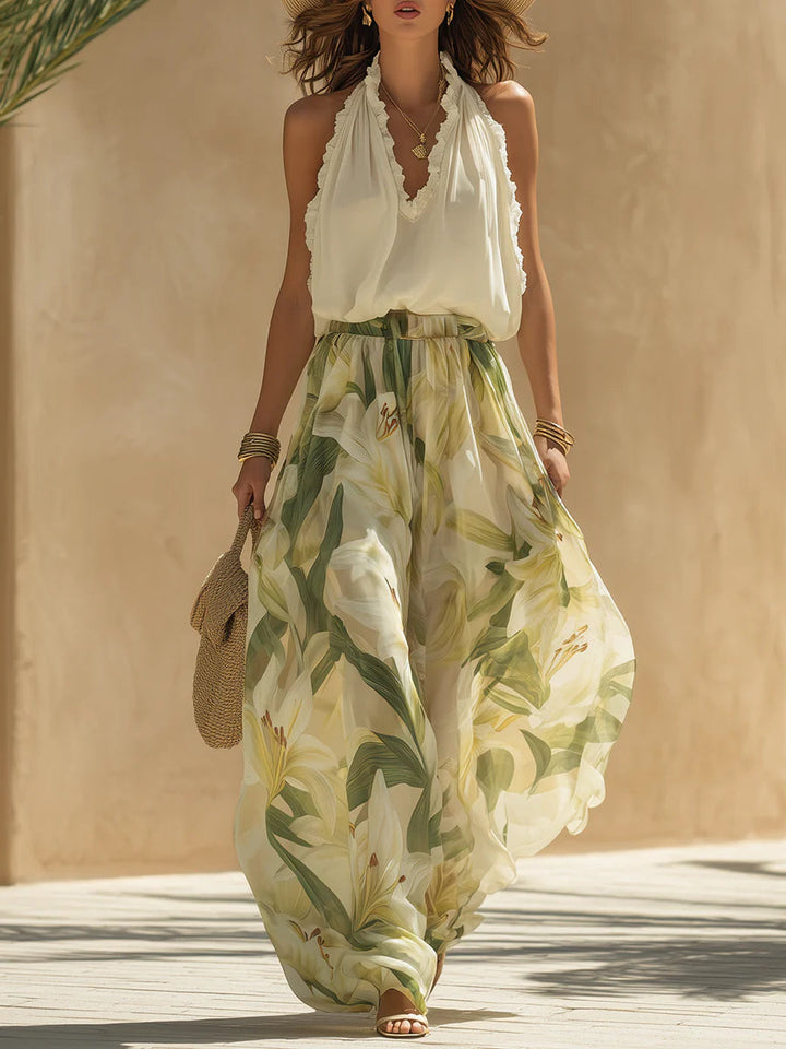 Alessandra - Top senza maniche in chiffon con volant e pantaloni con stampa di gigli