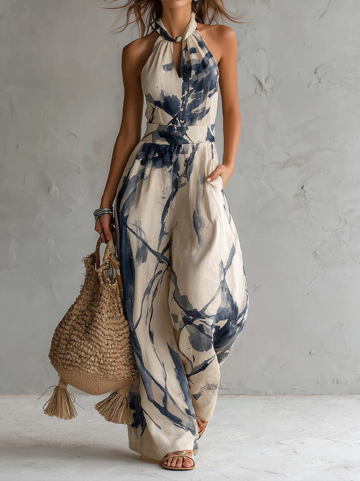 Jumpsuit con Scollo Halter e Stampa Inchiostro Wash a Gamba Larga con Tasche