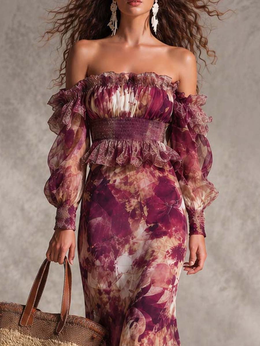 Abito Maxi in Chiffon Rosa Pink con Fiori Off-Shoulder
