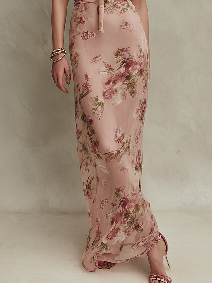 Lia - Elegante Abito Maxi in Chiffon con Stampa Floreale e Scollatura a Chiave