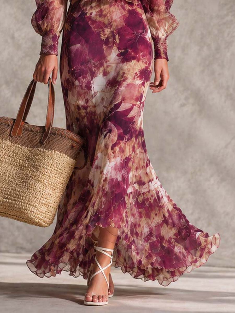 Abito Maxi in Chiffon Rosa Pink con Fiori Off-Shoulder