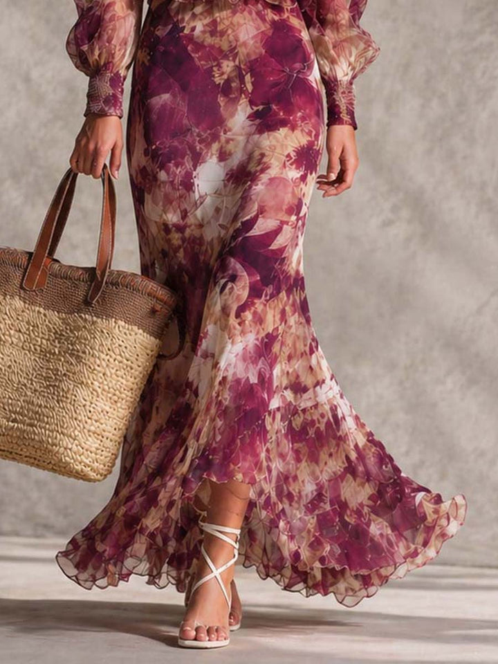 Abito Maxi in Chiffon Rosa Pink con Fiori Off-Shoulder