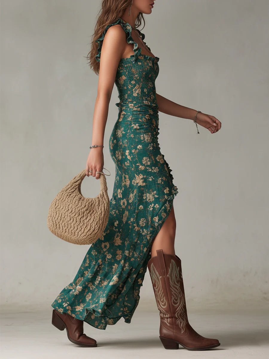 Abito Maxi Stampato Verde Bohemien con Maniche Arricciate