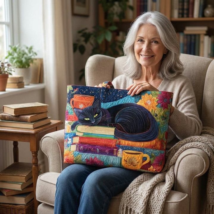 Borsa Artigianale - Gatto Nero con Libri e Tazze
