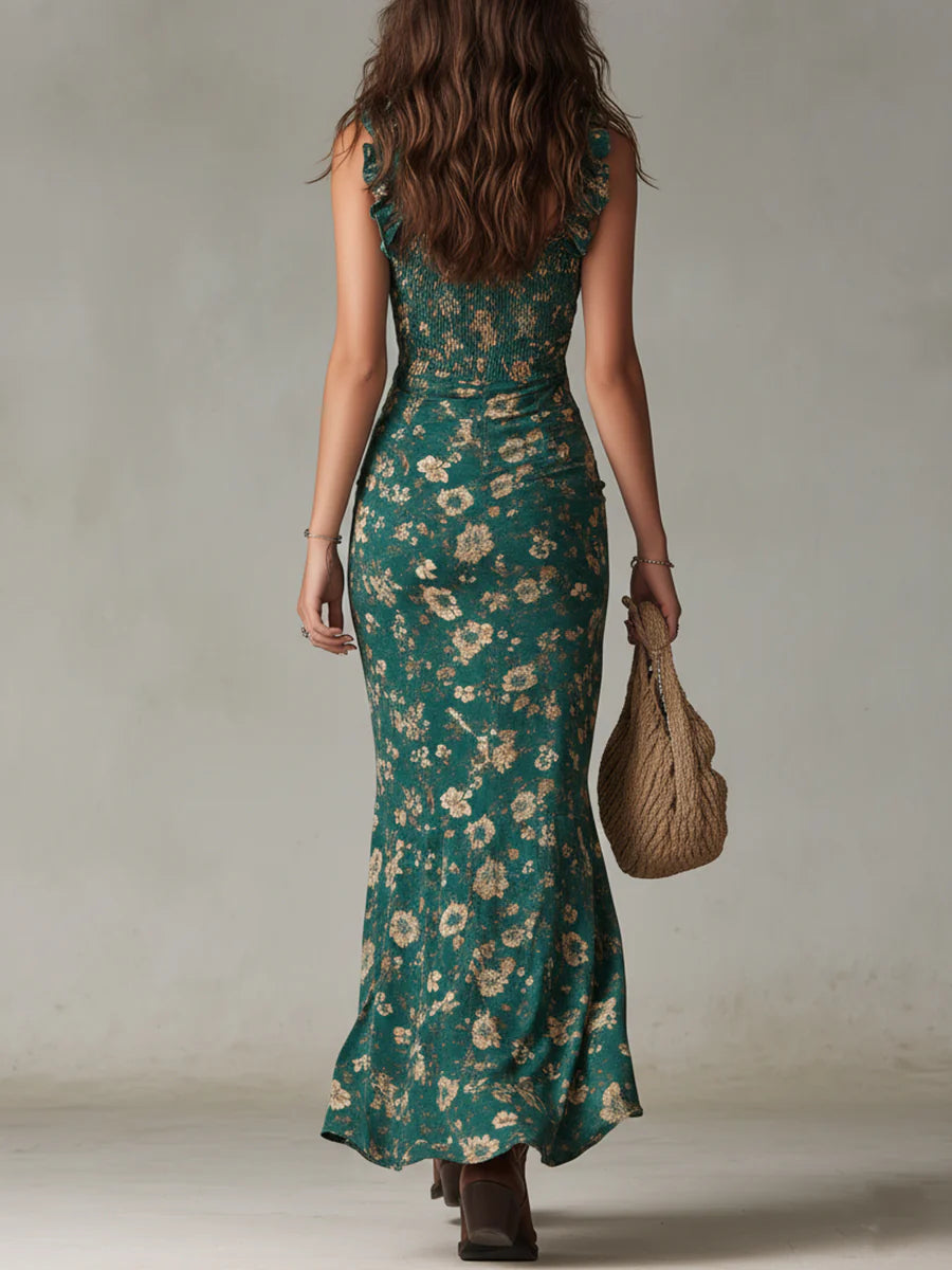 Abito Maxi Stampato Verde Bohemien con Maniche Arricciate
