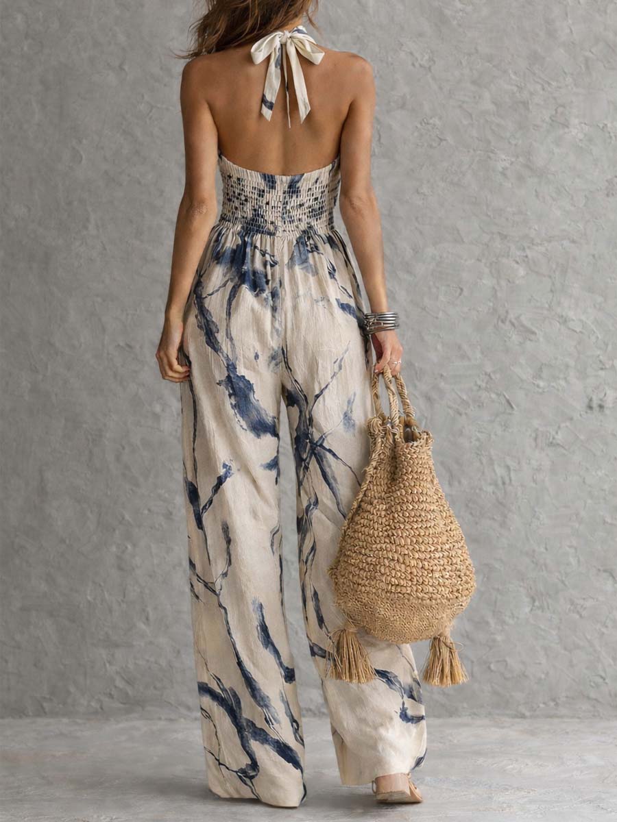 Jumpsuit con Scollo Halter e Stampa Inchiostro Wash a Gamba Larga con Tasche
