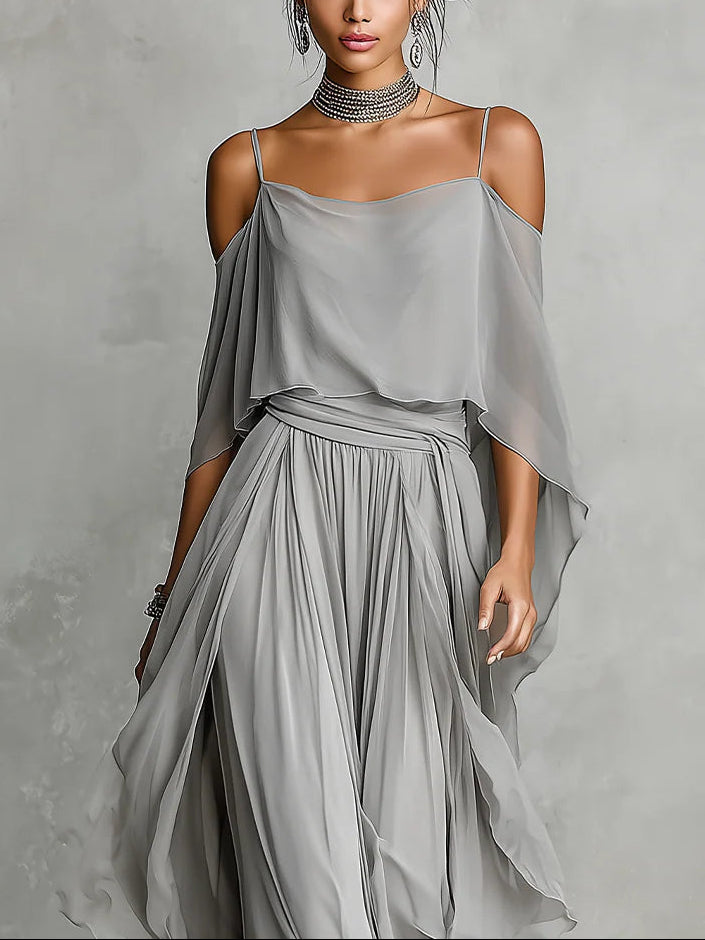 Set di camicetta e pantaloni in chiffon grigio senza spalline