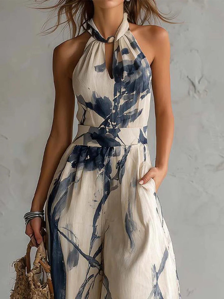 Jumpsuit con Scollo Halter e Stampa Inchiostro Wash a Gamba Larga con Tasche