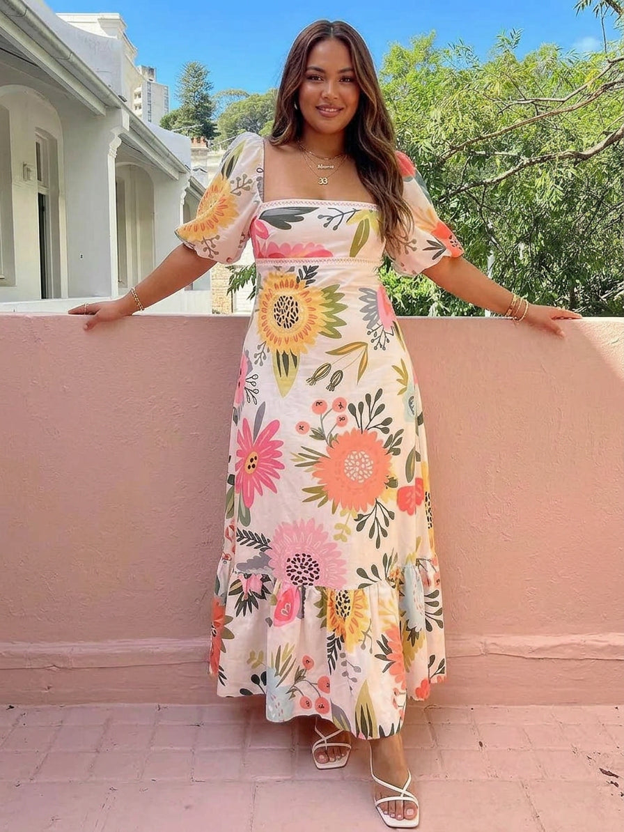Ivy | Abito Maxi con Scollo Quadrato e Stampa Floreale