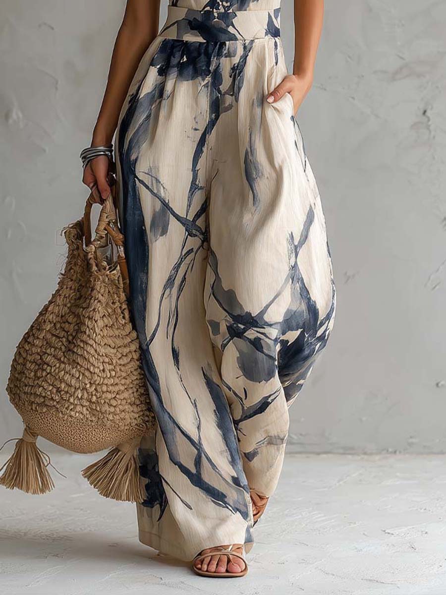 Jumpsuit con Scollo Halter e Stampa Inchiostro Wash a Gamba Larga con Tasche