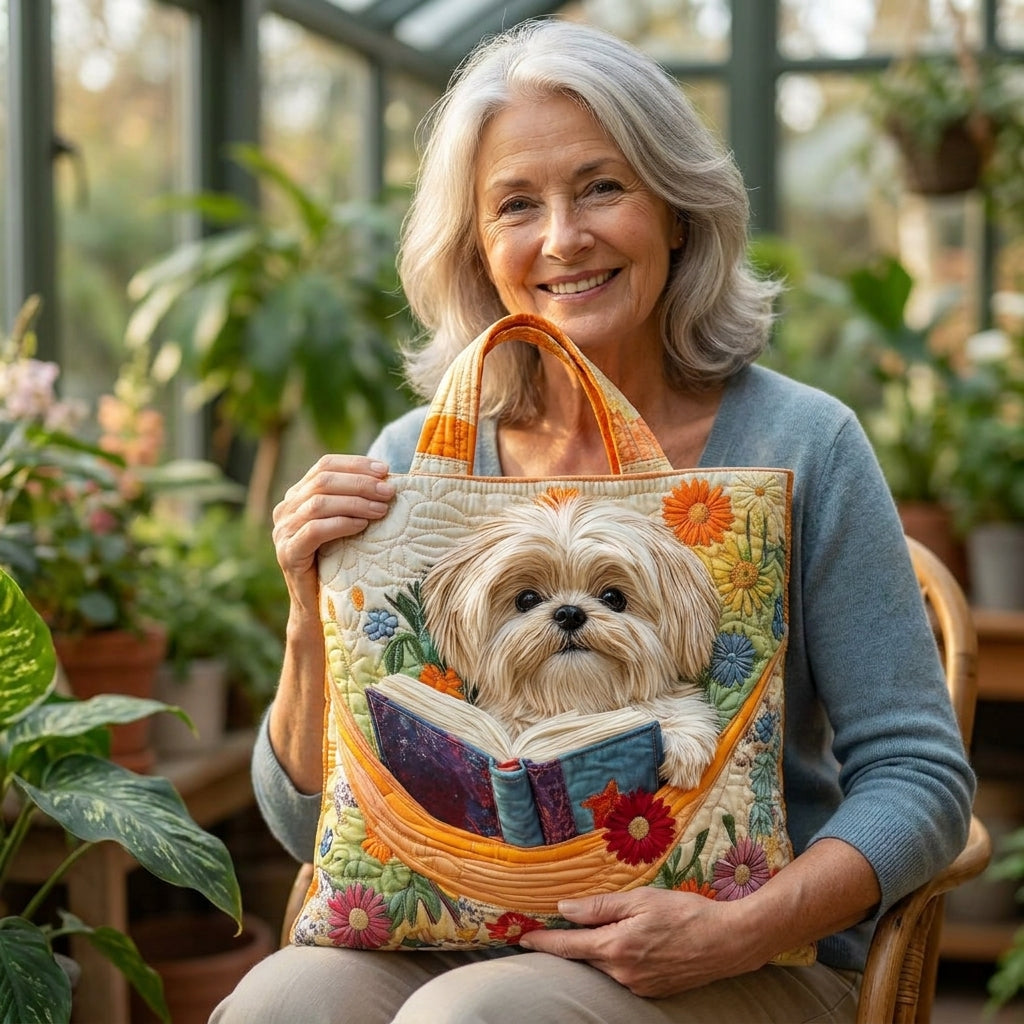 Borsa Artigianale - Shih Tzu con Libri e Fiori