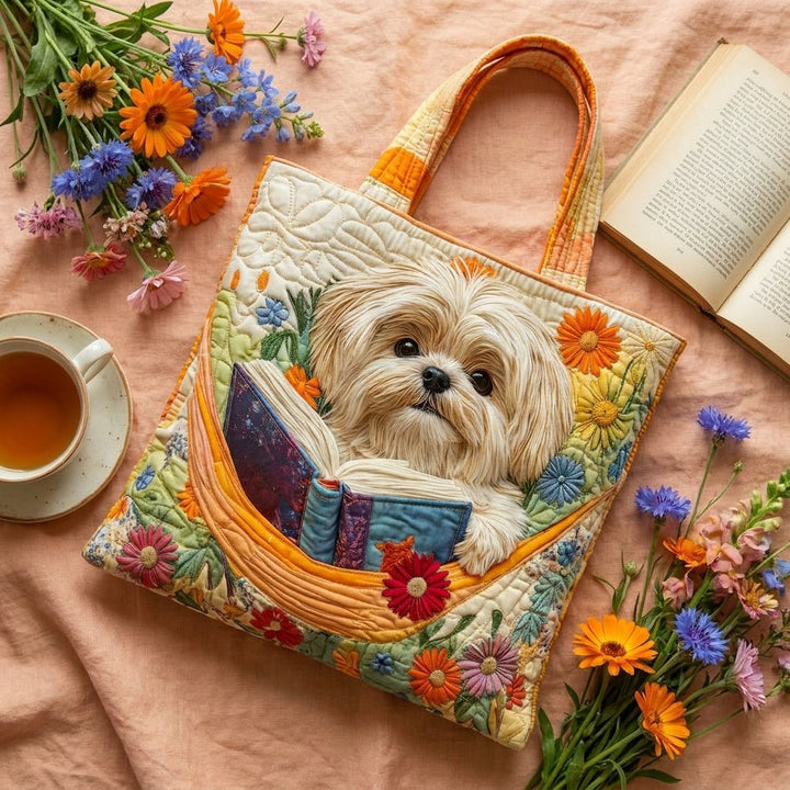 Borsa Artigianale - Shih Tzu con Libri e Fiori