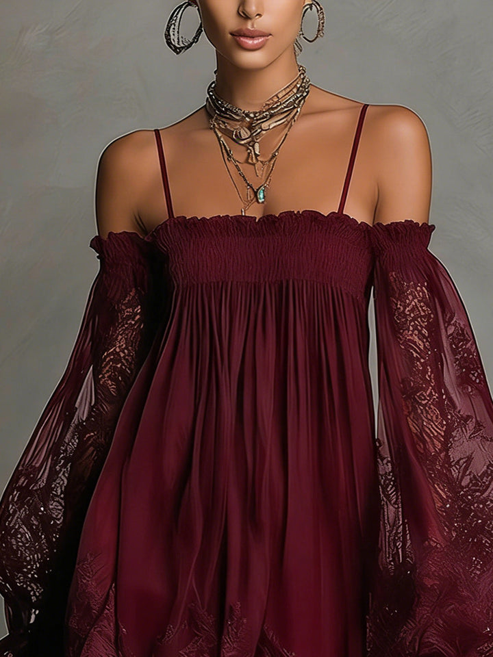 Noemi | Mini abito in chiffon blu navy con scollatura off-the-shoulder, rifiniture in pizzo e maniche trasparenti