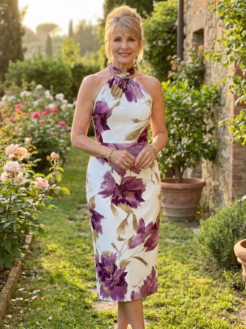 Zinnara | Vestito Midi a Stampa Floreale con Collo Halter