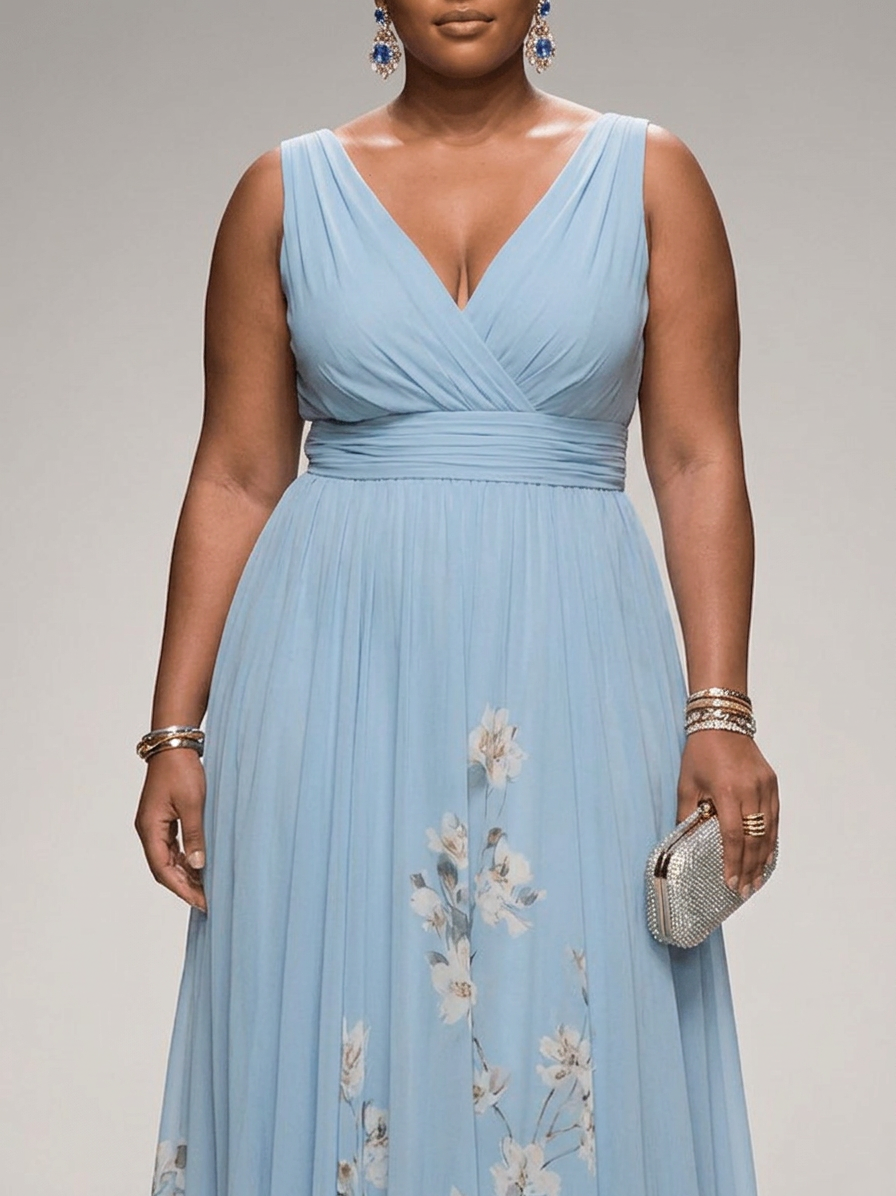 Rosa | Abito Maxi in Chiffon Floreale Blu Chiaro con Scollatura a V