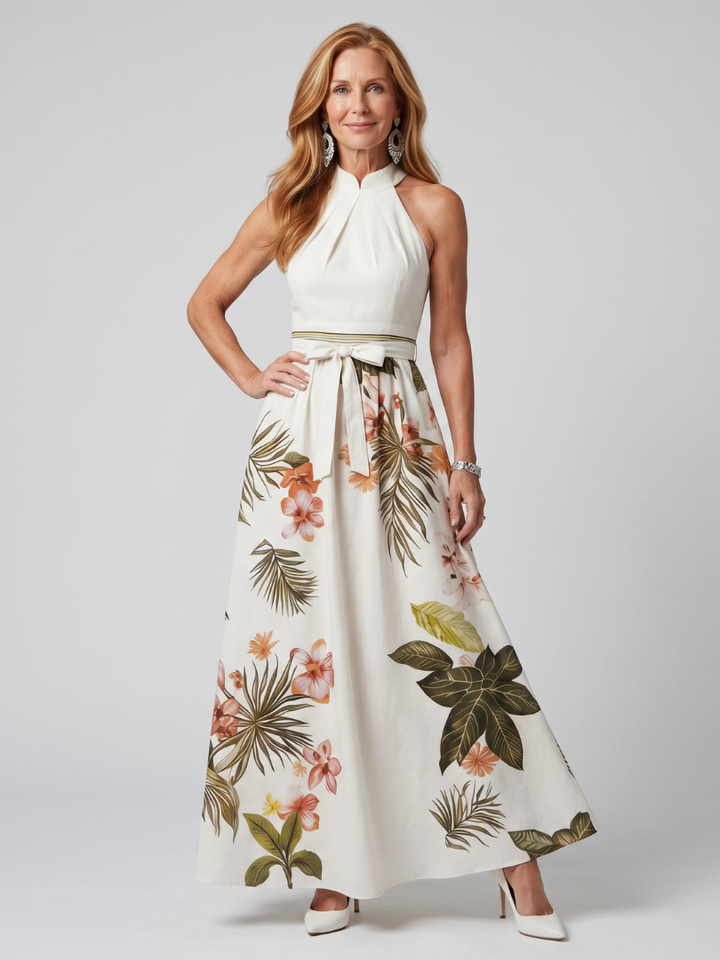 Prato | Abito Maxi con Pannello Botanico e Scollo All'Americana