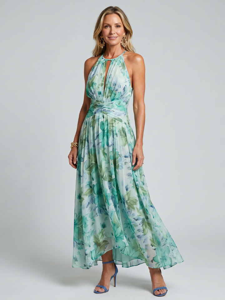 Portia | Vestito Midi con Scollo All'Americana e Motivo Floreale Pieghettato