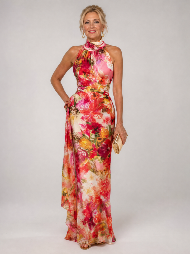 Elisabetta | Abito Maxi a Stampa Floreale con Collo All'Americana