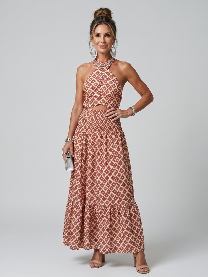 Amira | Abito midi con scollo a halter incrociato e stampa geometrica