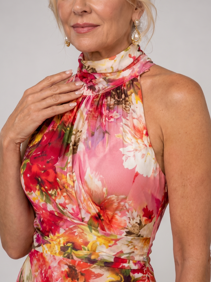 Elisabetta | Abito Maxi a Stampa Floreale con Collo All'Americana