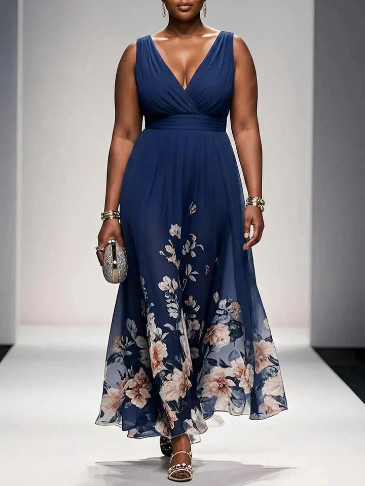 Rosa | Abito Maxi in Chiffon Floreale Blu Chiaro con Scollatura a V