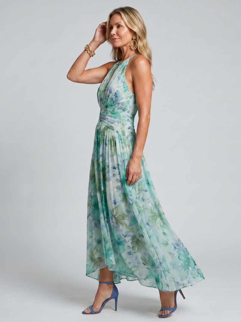 Portia | Vestito Midi con Scollo All'Americana e Motivo Floreale Pieghettato