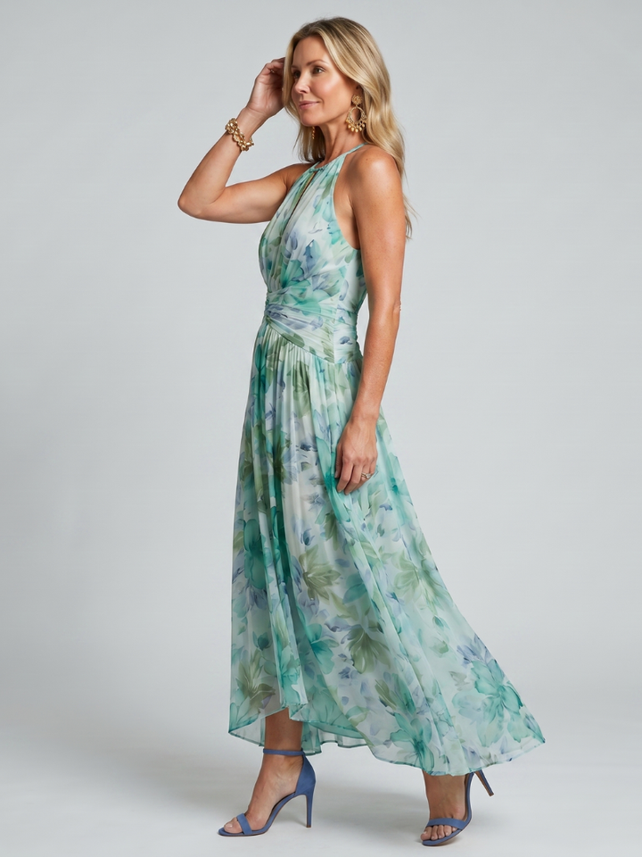 Portia | Vestito Midi con Scollo All'Americana e Motivo Floreale Pieghettato