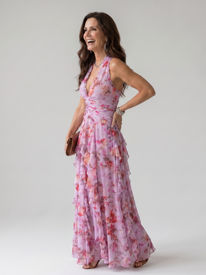 Nori | Abito Maxi Floreale con Corpino Arricciato e Scollo All'Americana