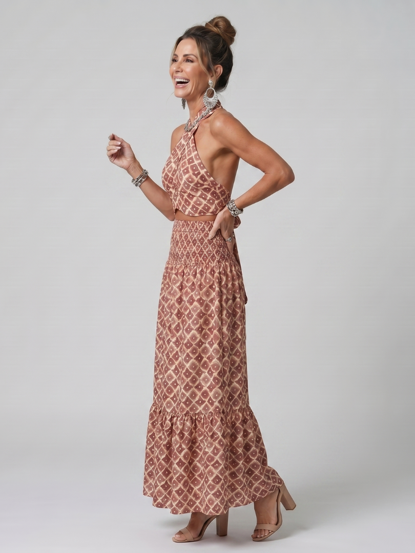 Amira | Abito midi con scollo a halter incrociato e stampa geometrica