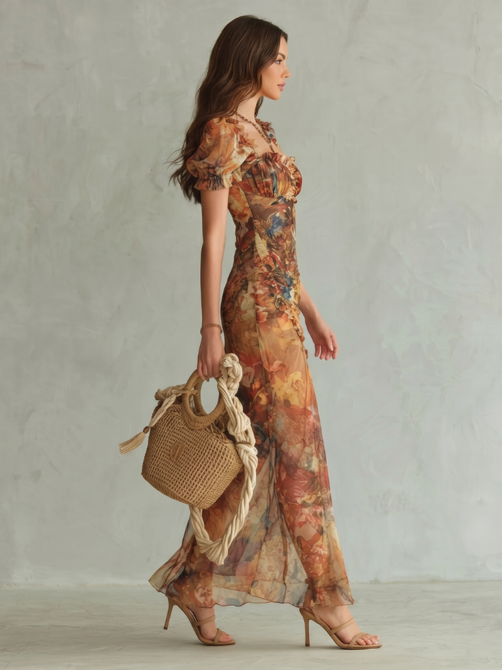 Ciel | Abito Midi a Maniche Ruffle con Arricciature e Spacco