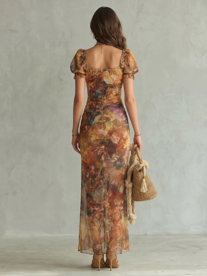 Ciel | Abito Midi a Maniche Ruffle con Arricciature e Spacco