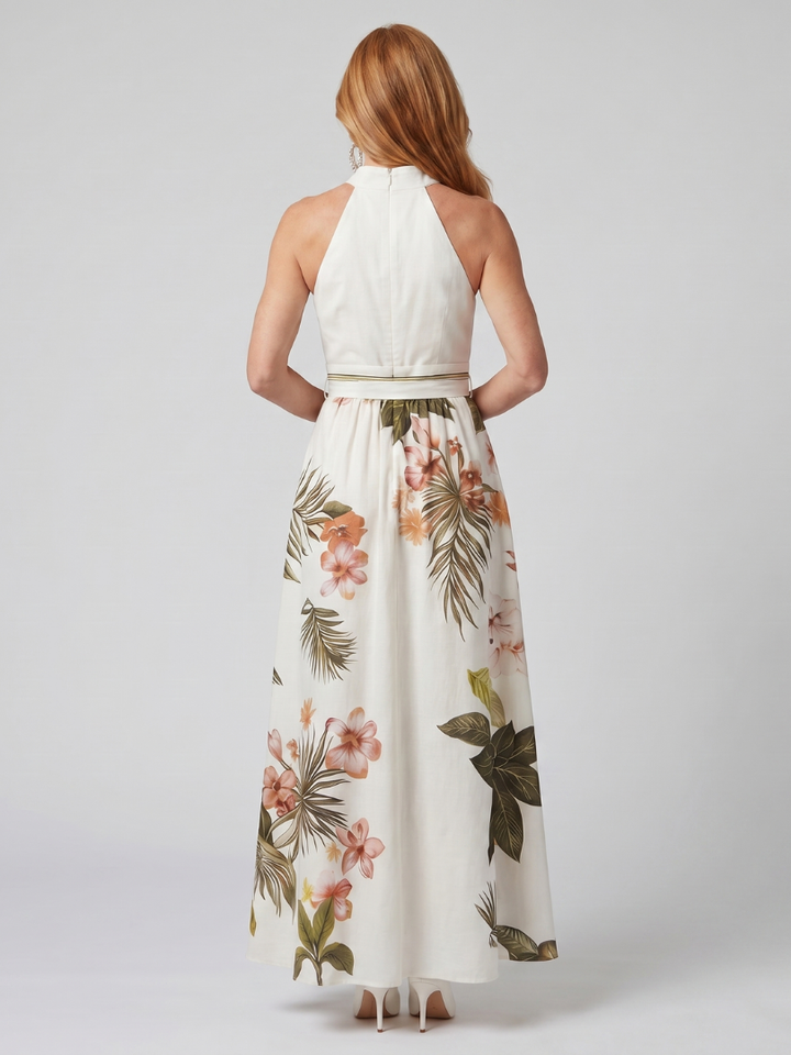 Prato | Abito Maxi con Pannello Botanico e Scollo All'Americana
