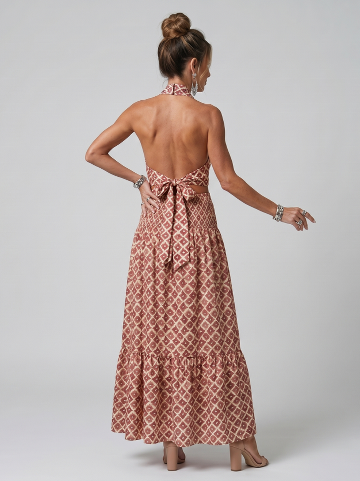 Amira | Abito midi con scollo a halter incrociato e stampa geometrica
