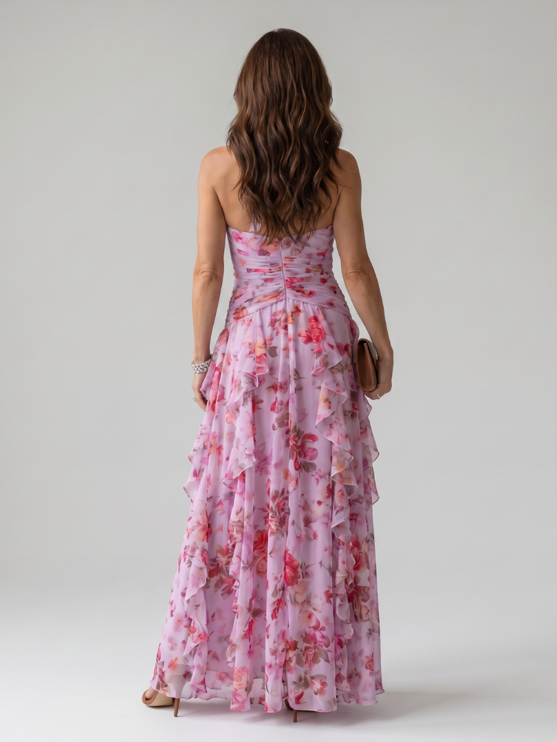 Nori | Abito Maxi Floreale con Corpino Arricciato e Scollo All'Americana