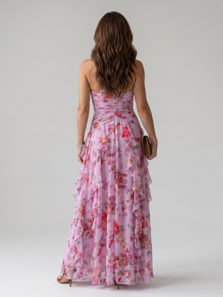 Nori | Abito Maxi Floreale con Corpino Arricciato e Scollo All'Americana