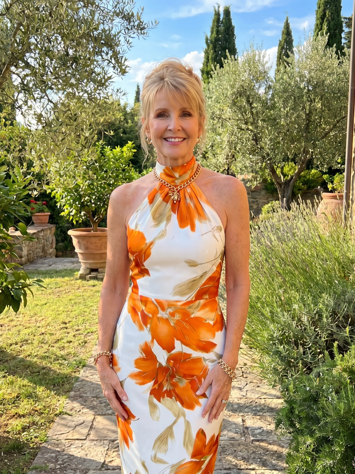 Zinnara | Vestito Midi a Stampa Floreale con Collo Halter