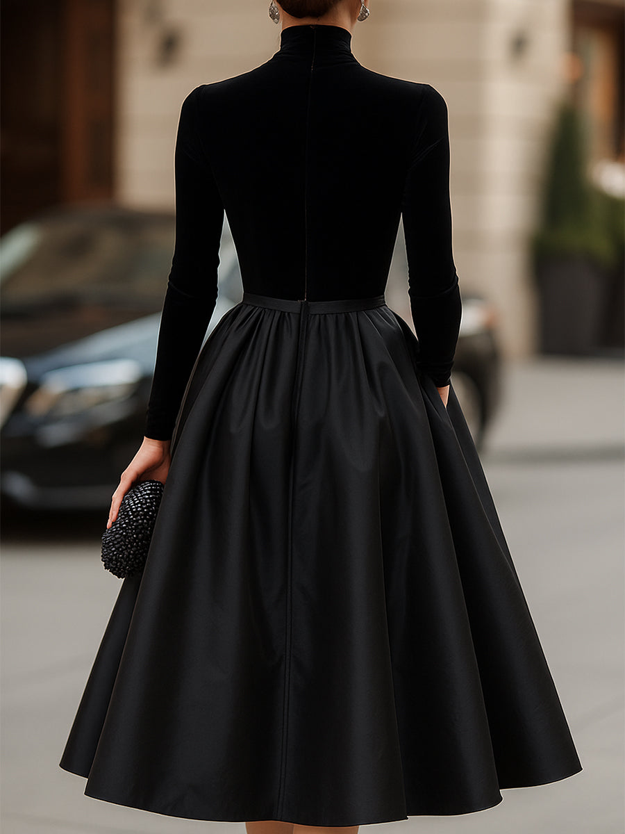 CIELO | Elegante Abito Midi in Velluto Nero e Satin