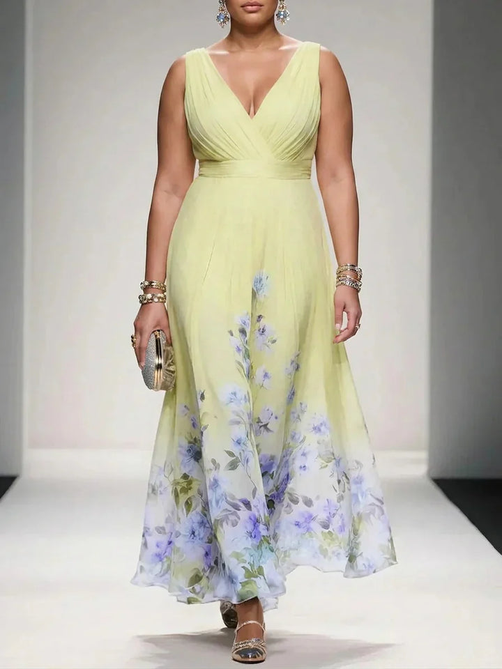 Rosa | Abito Maxi in Chiffon Floreale Blu Chiaro con Scollatura a V