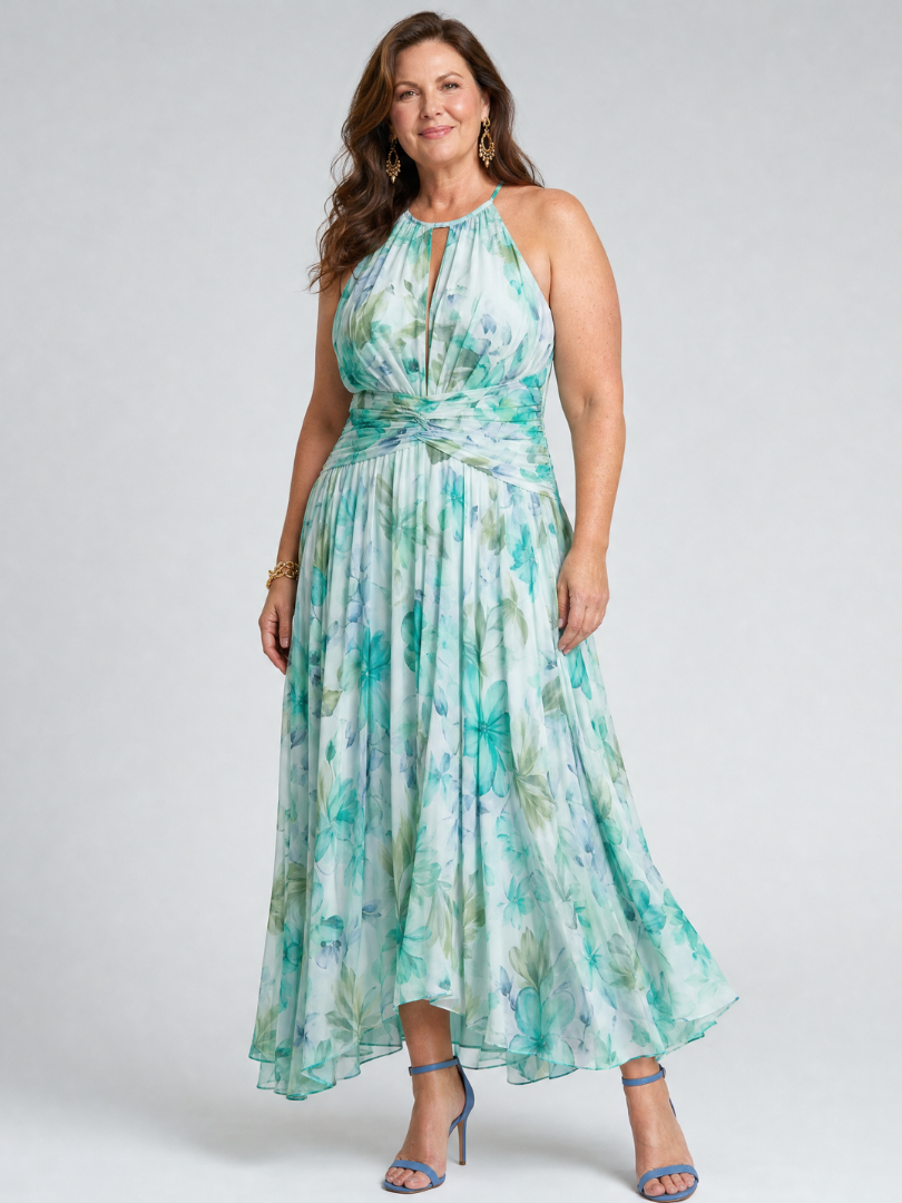 Portia | Vestito Midi con Scollo All'Americana e Motivo Floreale Pieghettato