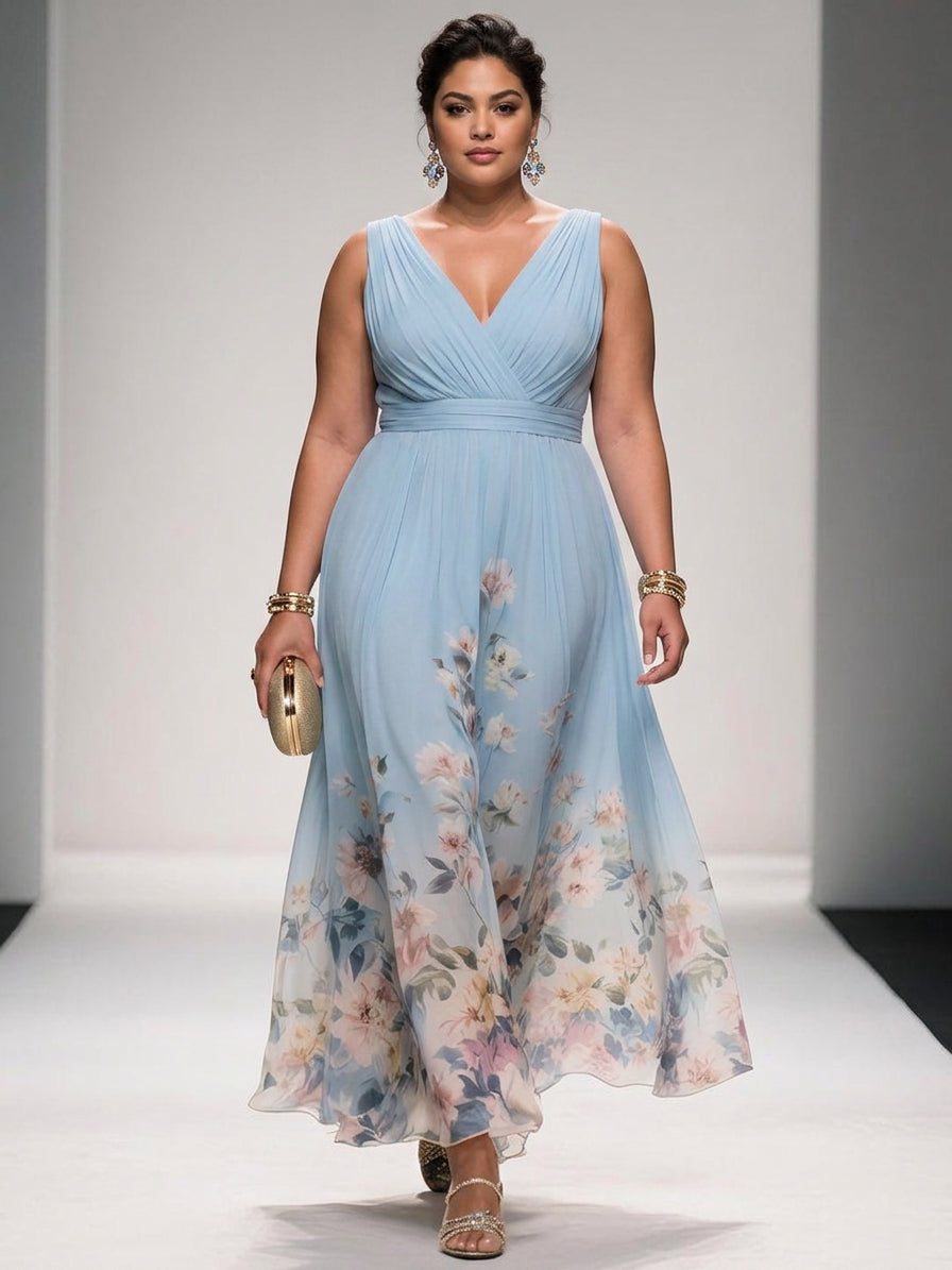 Rosa | Abito Maxi in Chiffon Floreale Blu Chiaro con Scollatura a V