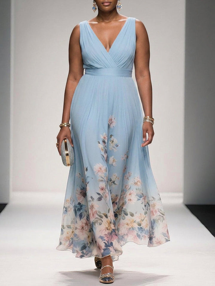 Rosa | Abito Maxi in Chiffon Floreale Blu Chiaro con Scollatura a V