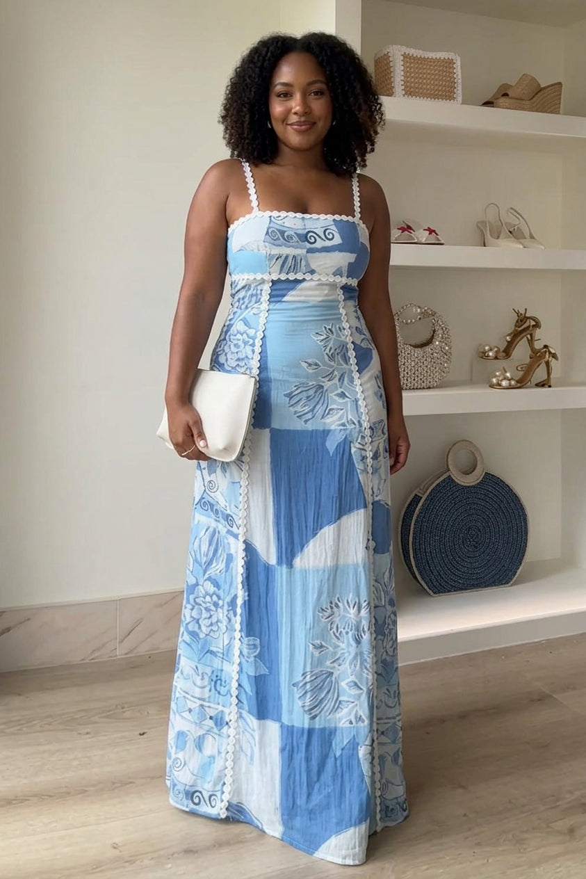 Eleonore | Abito Maxi Stampato con Fiocco e Spalline Ric Rac