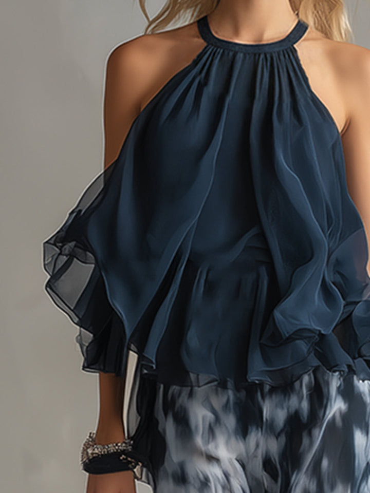 Ludovica | Top Halter Elegante Blu Navy e Set Pantaloni Ampi Stampati