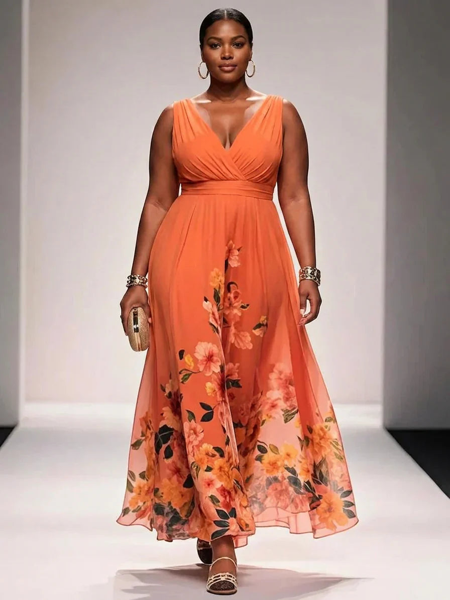 Rosa | Abito Maxi in Chiffon Floreale Blu Chiaro con Scollatura a V
