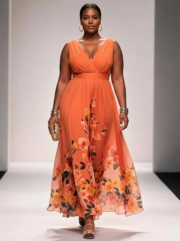 Rosa | Abito Maxi in Chiffon Floreale Blu Chiaro con Scollatura a V