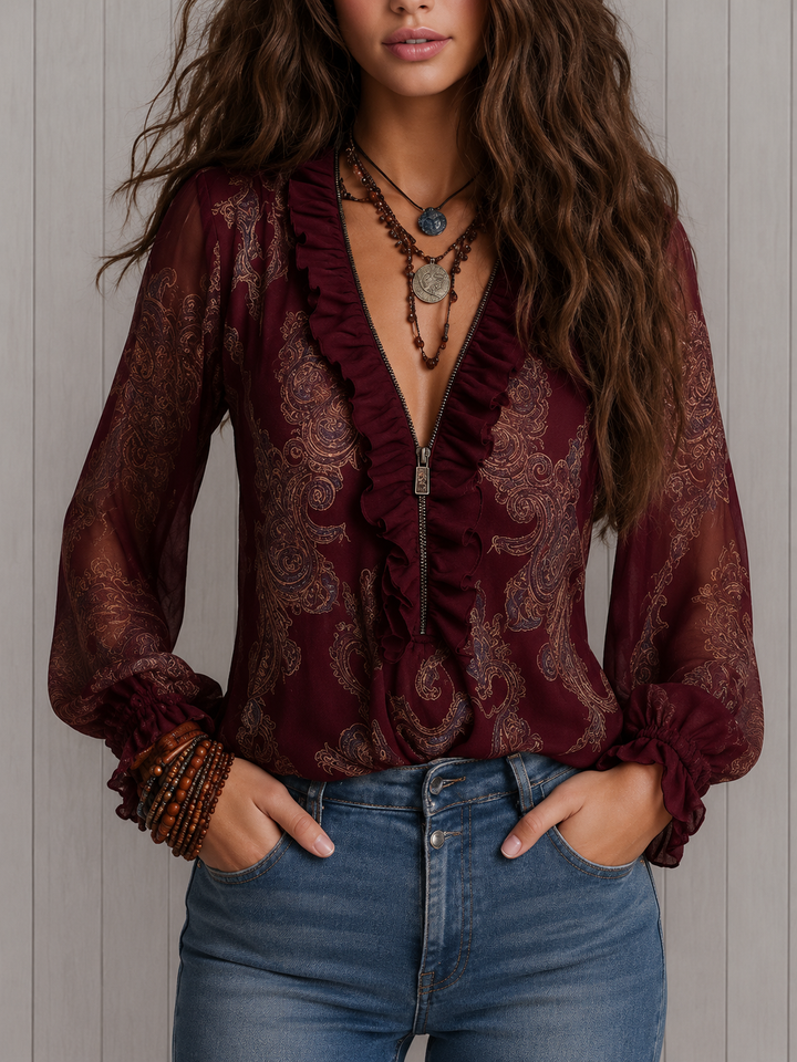 Elise | Blusa in Chiffon con Rouches Paisley Barocco