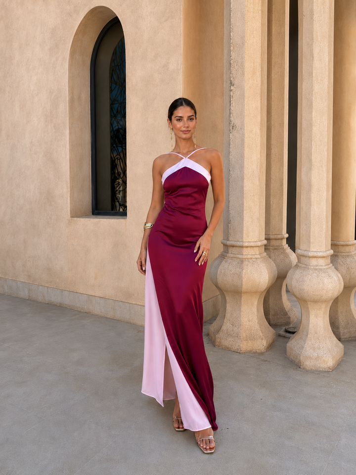 Abito lungo in satin con scollatura incrociata