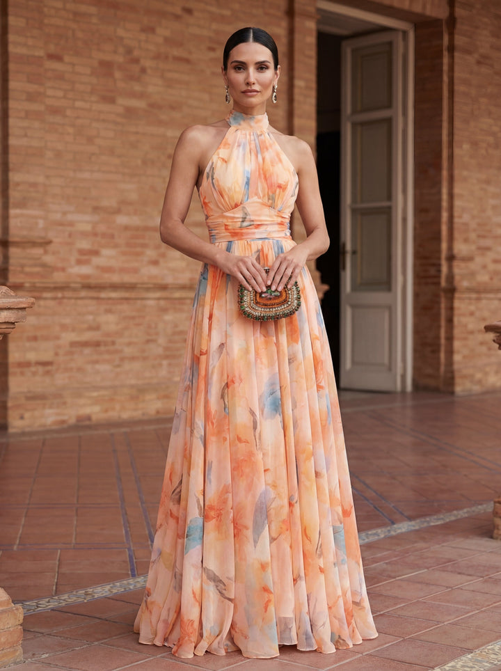 Abito con colletto halter stampato acquerello